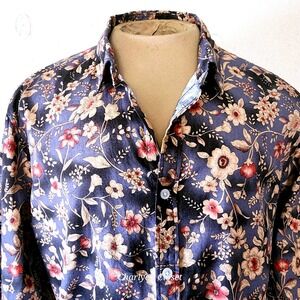 Mens XL Charcoal/Brown Floral Button Up L/S Shirt Regular Fit Euro Casual Chic